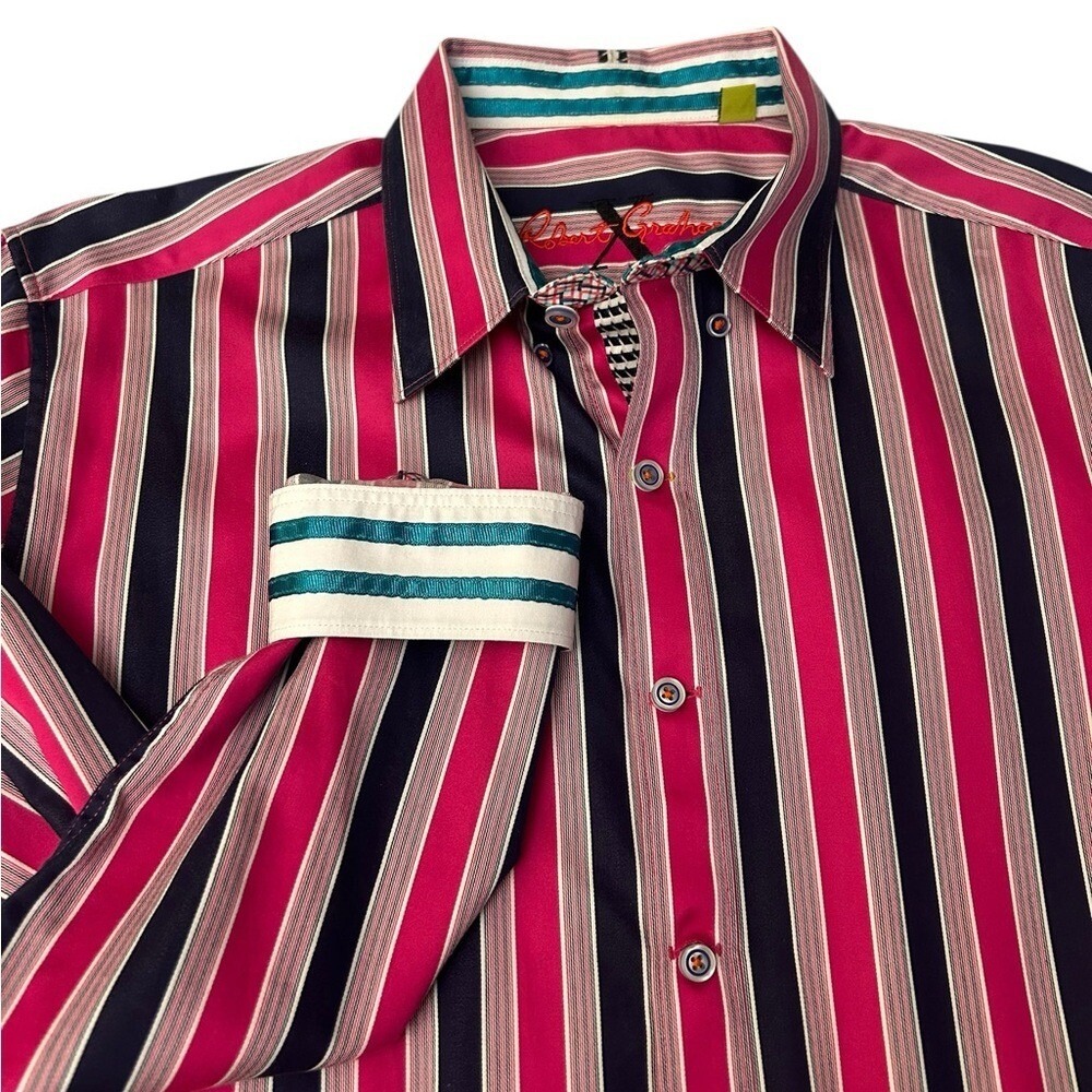 ROBERT GRAHAM X Collection Tailored Fit Shirt Striped Fuschia Navy‎ Flip Cuff XL